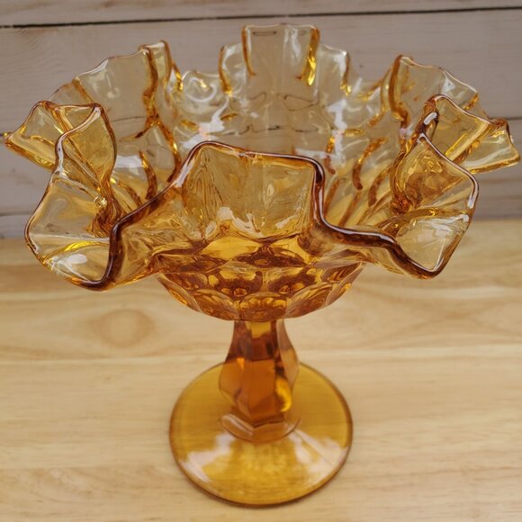 Vintage Fenton Amber Thumbprint Glass Compote Dish With Ruffled Edges 1960s MCM - Picture 4 of 8